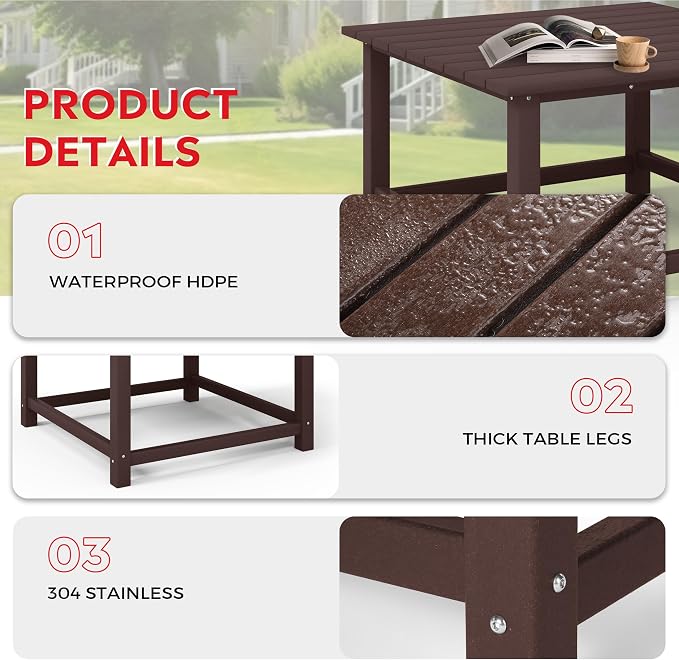 Costaelm Patio Conversation Set, Patio Chairs Set of 5 Balcony Firepit Furniture Outdoor Adirondack Square Table and Chair Backyard Furniture Set for Lawn Porch Pool Garden, Dark Brown