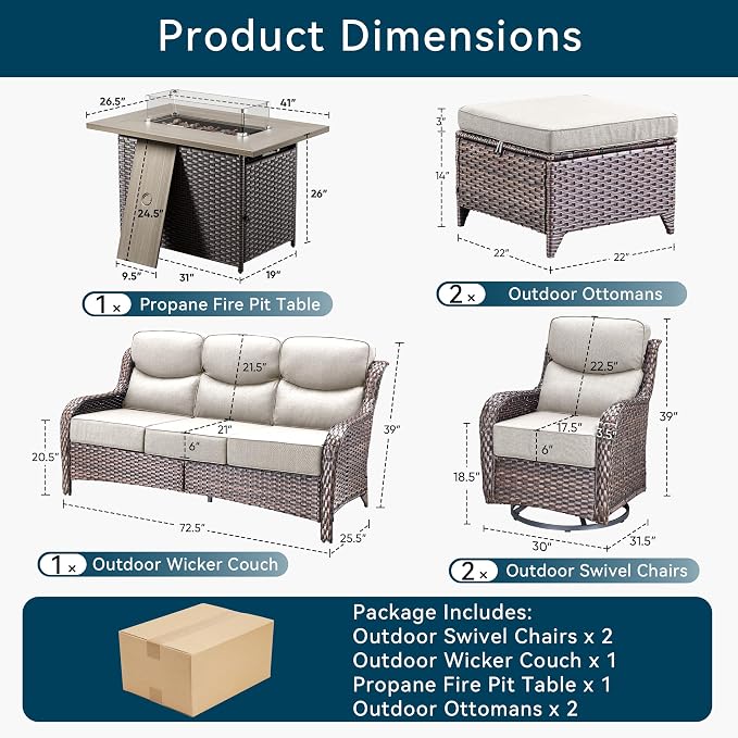 Luxury Patio Furniture Set with Fire Pit Table-6 Pieces All Weather Outdoor Swivel Rocker Chairs with Sofa and Ottomans. Outdoors Patio Conversation Sets for Porch Deck Garden Backyard(Brown/Beige)