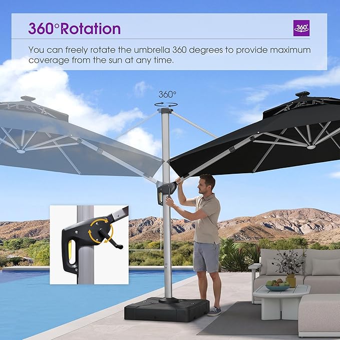 PURPLE LEAF Cantilever Umbrella with Base 13ft Outdoor Round Patio Solar Powered LED Umbrella with 360-degree Rotation for Garden Deck Pool Patio, Grey