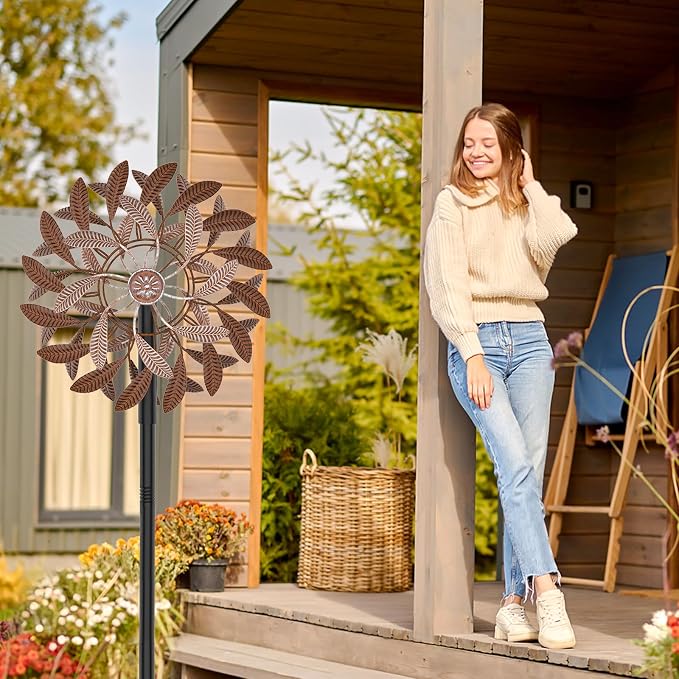 360° Wind Spinners Outdoor, Wind Sculptures Windmill with Metal Stake, Kinetic Large Metal Yard Art Decor Spinners Pinwheels for Garden Outside Patio Lawn, 63.2 * 13.2" (Rust Color)