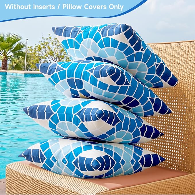 CARRIE HOME Blue Summer Outdoor Pillow Covers Waterproof 18x18 Set of 4, Summer Themed Party Decorations Swimming Pool Chair Pillow 18 x 18, Fade Resistant Waterproof Outdoor Pillows for Patio Porch