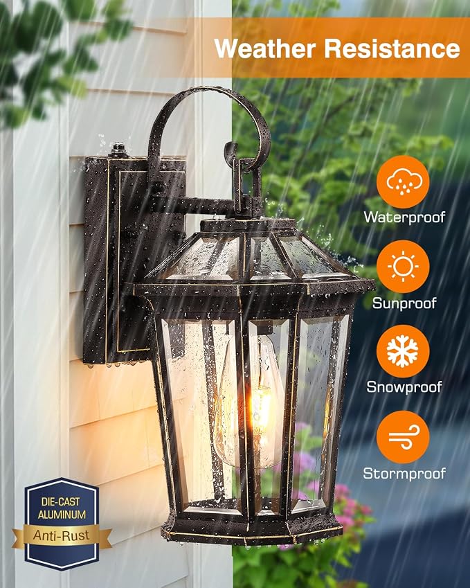 VIANIS Outdoor Wall Light Fixtures, Aluminum Dusk to Dawn Outdoor Lighting with Tempered Glass, Weatherproof Exterior Lighting Fixtures, Oil-Rubbed Bronze Gold Trim Front Porch Light for Door, Patio
