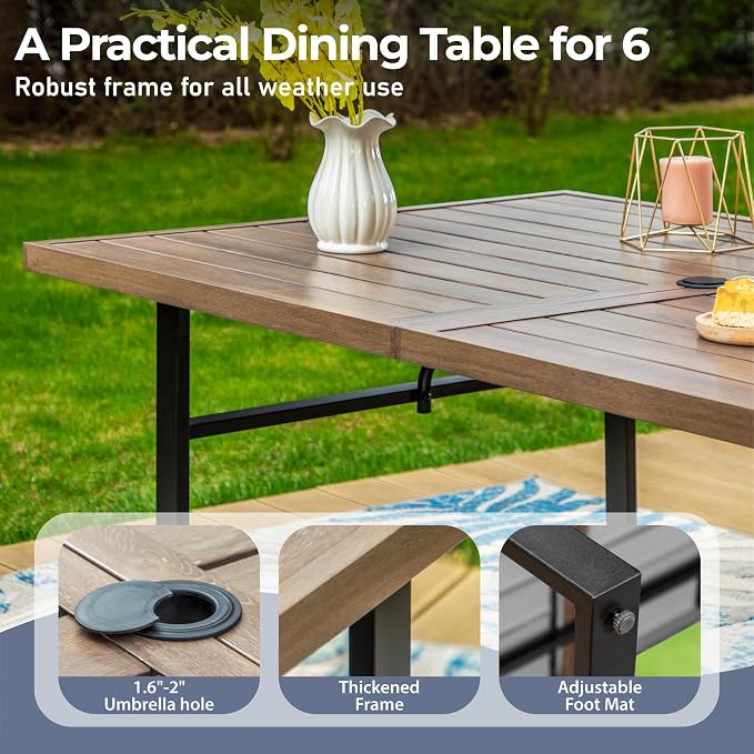 SUNSHINE VALLEY 7 Piece Patio Dining Set for 6, 64” Rectangular Wood-Like Steel Dining Table with Umbrella Hole, 6 x Blue Chairs, Outdoor Table and Chairs Set for Lawn Backyard and Deck