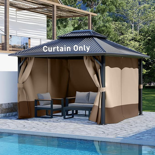 Aoodor 10x13 ft Outdoor Gazebo Curtains, 4 Panels Waterproof Privacy Sidewall Replacement with Zipper for Patio Pergola and Canopy, Sand Yellow and Brown