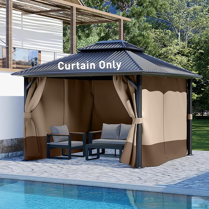 Aoodor 10x10 ft Outdoor Gazebo Curtains, 4 Panels Waterproof Privacy Sidewall Replacement with Zipper for Patio Pergola and Canopy, Sand Yellow and Brown