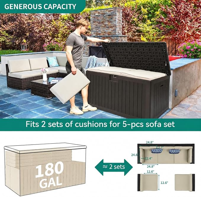YITAHOME 180 Gallon Double-Wall Deck Box with Side Handles, Outdoor Large Storage for Patio Furniture Cushions, Garden Pool Accessories, Water Resistant & Lockable