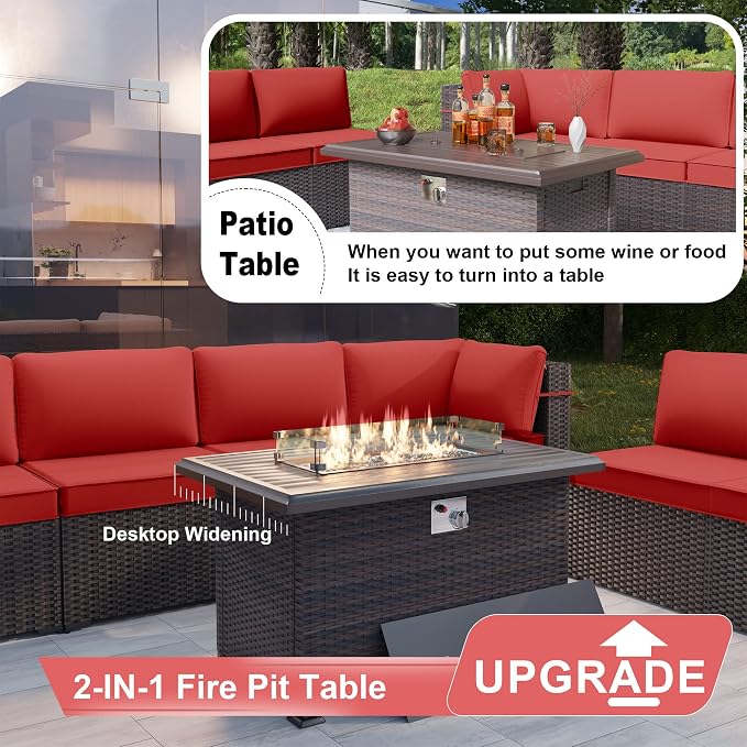 Kurapika 7 Pieces Patio Furniture Set, Rattan Wicker Outdoor Conversation Sets w/43in Propane Fire Pit Table and 4 Inch Cushion(Red)