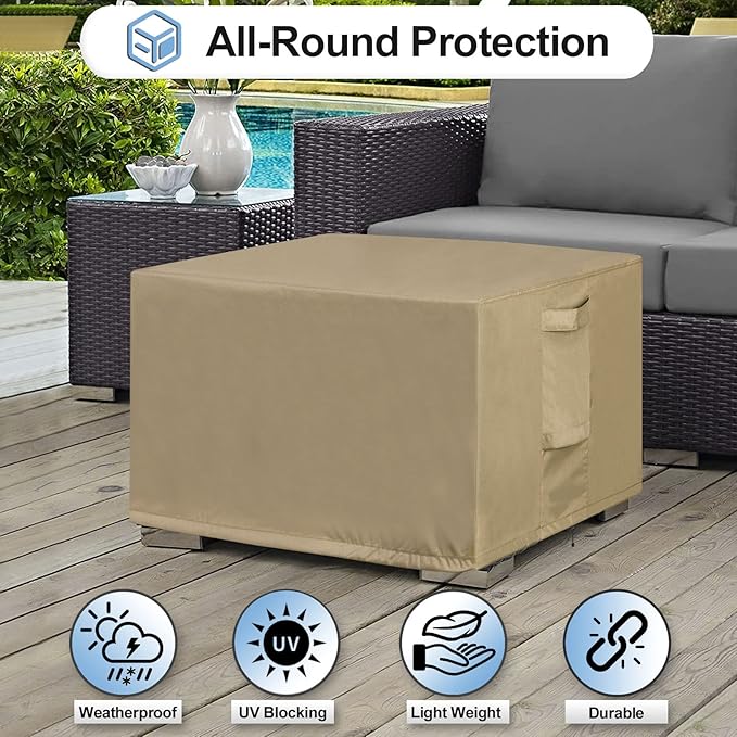 OutdoorLines Outdoor Waterproof Patio Ottoman Covers - Rectangle UV-Proof Patio Side Table Cover Windproof Heavy-Duty Furniture Covering Protector 28L x 22W x 17H Inch, Camel