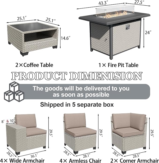 13-Piece Outdoor Patio Furniture Set with Fire Pit, Modular Sectional Sofa Set with Glass Coffee Table and Cushions, Wicker Outdoor Couch Conversation Sets, Khaki
