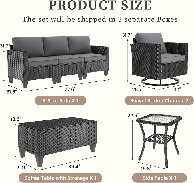 UDPATIO Patio Furniture Set, 5 Pieces Outdoor Conversation Sets with Rocking Swivel Chairs, Wicker Rattan Outdoor Sofa Set with Storage Table and Waterproof Covers for Backyard, Deck, Porch, Grey