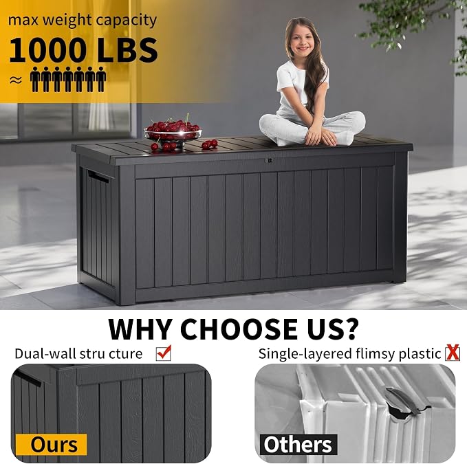 320 Gallon Waterproof Outdoor Storage Box, Lockable Deck Boxes With Handle, Indoor and outdoor Resin Storage Box for Garden Tools, Patio Cushions, Package Delivery, Black