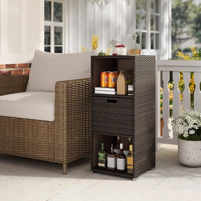 Tangkula Rattan Outdoor Storage Cabinet, Patiojoy Outdoor Wicker Cabinet with 3 Shelves, 1 Removable Drawer, Patio Storage Deck Box for Backyard Poolside Porch