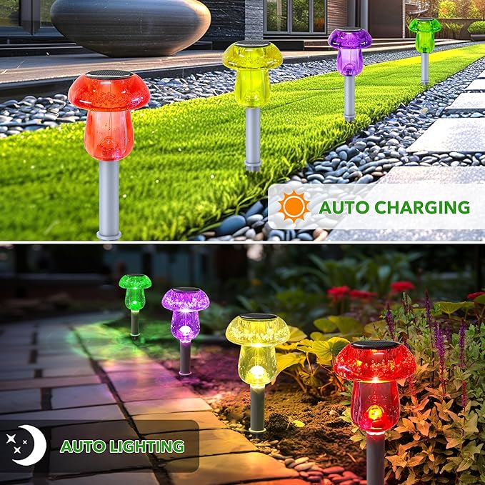 Eyrosa Solar Outdoor Lights, 8 Pack Waterproof Solar Mushroom Lights for Garden Yard Pathway Path Walkway Driveway Lawn Landscape Outside Decor, Yellow Green Purple Red