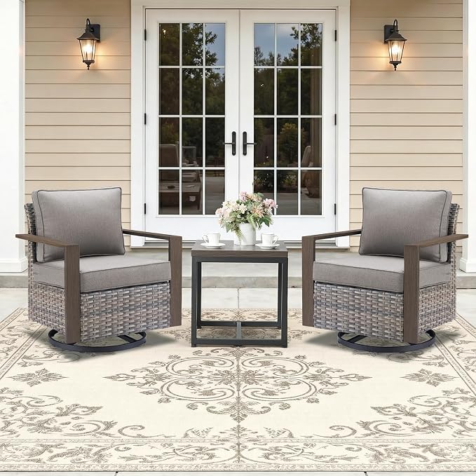 Outdoor Swivel Rocker Patio Chairs Set of 3, High Back Swivel Patio Chairs with Side Table & Metal Arm, Wicker Outdoor Bistro Set for Porch, Yard, Deck, Poolside, Grey/Grey