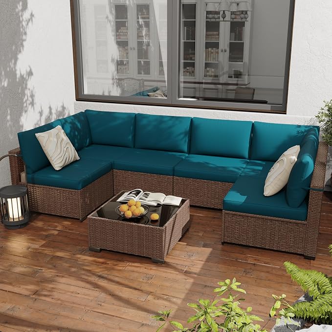 KIGOTY Patio Furniture Set,7 Pieces Modular Outdoor Sectional Sofa, PE Rattan Patio Conversation Set, All Weather Wicker Patio Furniture with Cushions and Coffee Table（Brown/Peacock Blue）