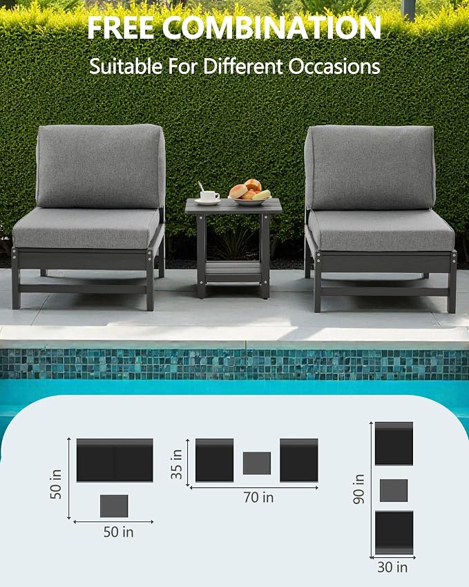 HDPE Outdoor Patio Chair Set with Cushions, 3-Piece Armless Chair Conversation Set with 2 Weatherproof Armless Chairs and Side Table, All-Weather Waterproof Outdoor Seating for Porch, Balcony & Garden