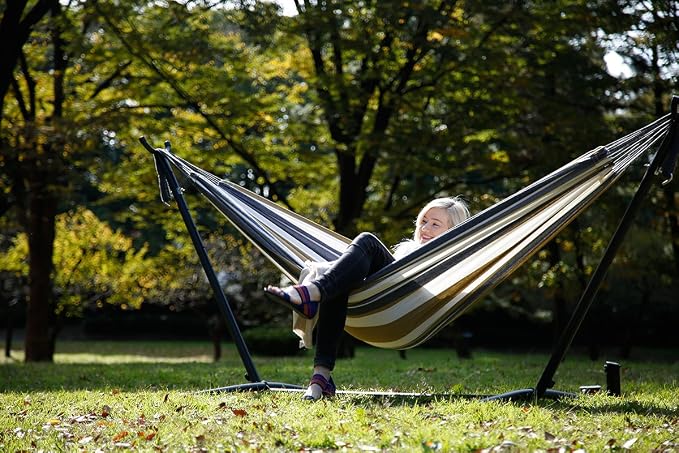 Vivere Double Cotton Hammock with Space Saving Steel Stand, Upgraded Polyester End Strings 450 lb Capacity - Premium Carry Bag Included (Desert Moon)