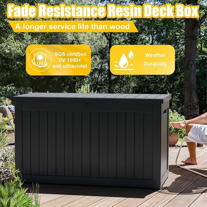 Vixzen 280 Gallon Deck Boxes Outdoor Waterproof, Lockable Storage Box for Patio Cushions Storage Furniture, Garden Tools, Pool Supplies, Weatherproof and UV Resistant (Black, 280 Gallon)