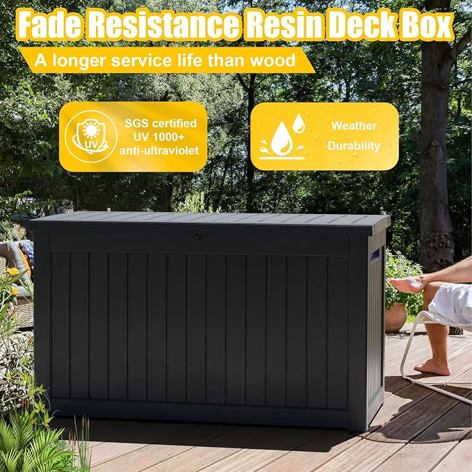281 Gallon Outdoor Storage Box Waterproof, Large Resin Patio Deck Boxes, Lockable Outdoor Storage Container for Patio Furniture, Garden, and Pool Tools (281 Gallon, Black)