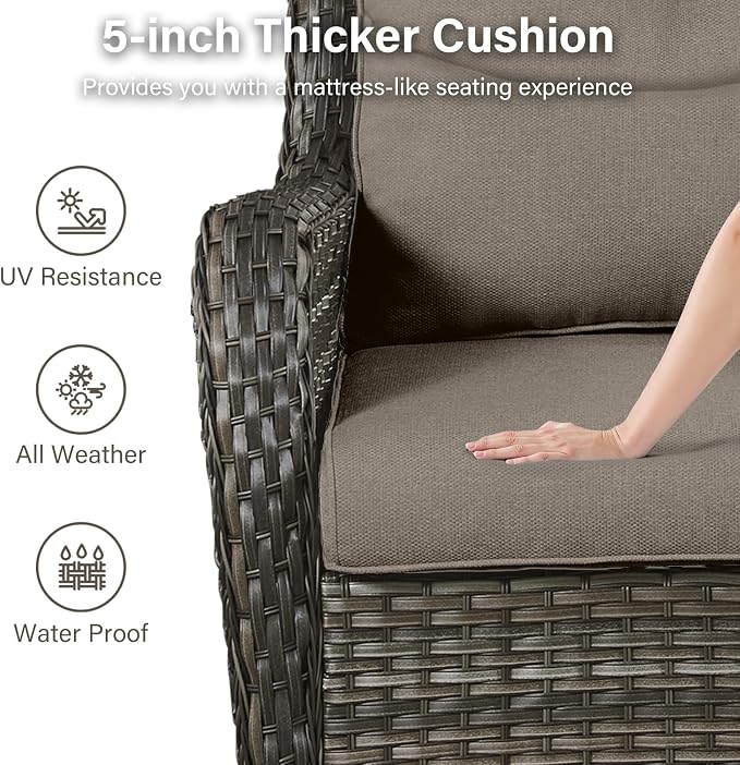 Outdoor Swivel Rocker Patio Chairs Set of 4 with Ottoman Coffee Table - 5" Thick Cushion 7 Piece Furniture Set All Weather Comfortable Wicker Conversation Set for Porch Deck - Gray/Gray