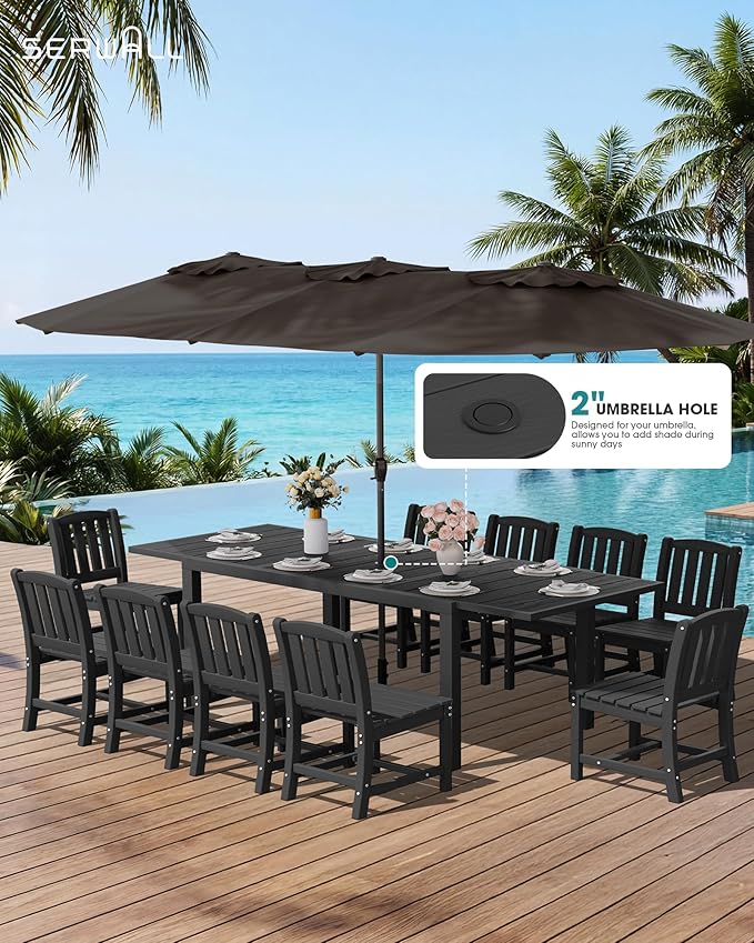 SERWALL 10-Piece Patio Dining Sets with 15FT Patio Umbrella, 60" - 83" Expandable Outdoor Dining Table and 8 HDPE Chairs, All Weather HDPE Outdoor Furniture Set, Black (Umbreall Base not Included)
