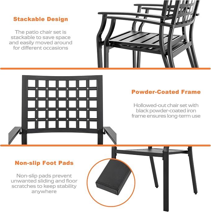 NUU GARDEN 7-Piece Outdoor Dining Chair and Table Set, 6 Stackable Metal Dining Chairs, 61" x 37" Rectangle Metal Dining Table with 1.6" Umbrella Hole, for Backyard, Deck, Yard, Garden, Black
