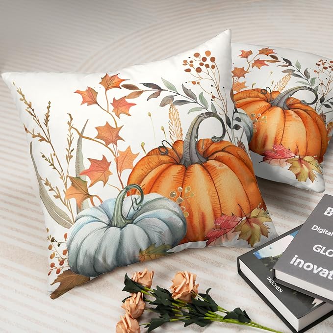 Fall Pumpkin Pillow Covers Maple Leaves Throw Pillow Covers Autumn Decorative Cushion Case 20x20 for Farmhouse Living Room Couch Patio Set of 2