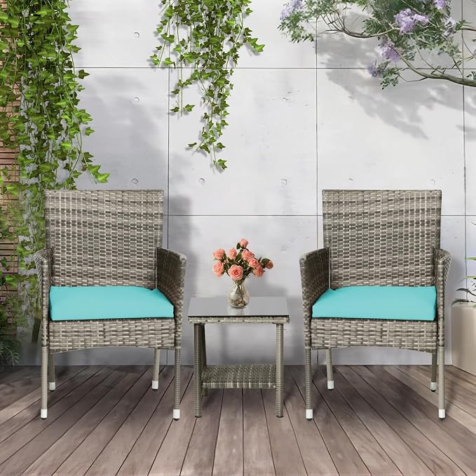 PayLessHere Set of 3 Outdoor Furniture Set Patio Furniture Set Gray Conversation Set with 2 Rattan Chairs Glass Coffee Table for Coffee Bar Poolside Patio Outdoor, Blue Cushions