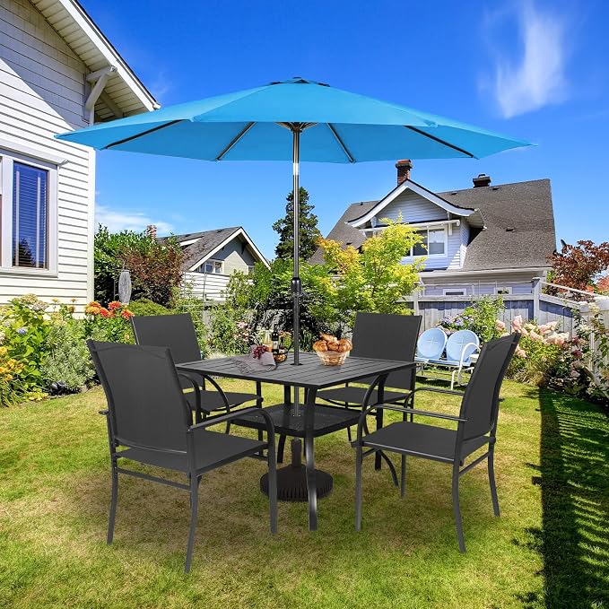 SUNCROWN 6 - Piece Outdoor Dining Set, Patio Furniture Set with 4 Textilene Dinning Chairs, 1 Steel Slat Metal Bistro Table and 1 Sky Blue 9Ft Patio Umbrella for Lawn Garden Backyard Deck, Black