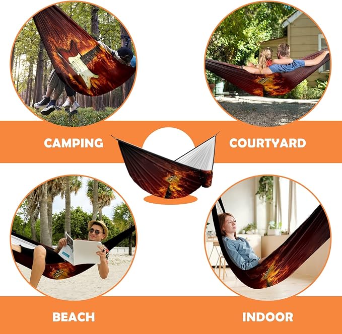Outdoor Camping Hammock Electric Guitar in Flames Burning Fire Double & Single Hammocks with 2 Tree Straps Portable Heavy Duty Nylon Hammocks for Backpacking, Travel, Beach, Backyard, Patio, Hiking