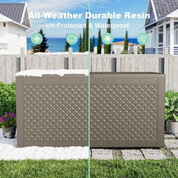 EasyUp 121 Gallon Outdoor Storage Box Waterproof, UV Resistant Resin Deck Box with Hydraulic Rod, Reinforced Stability for Patio, Garden, Quad Leaf Grey