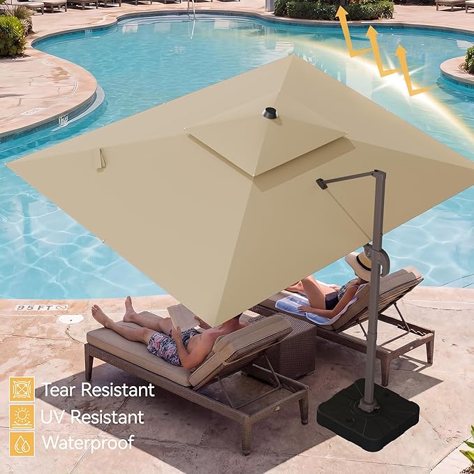 9x12 FT Patio Umbrella, Large Cantilever Rectangular Double Top Heavy Duty Offset Umbrellas with 360° Rotation, Outdoor shade for Garden Deck Pool, Beige