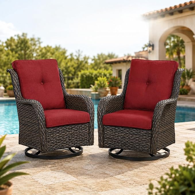 HUMMUH Outdoor Swivel Rocker PE Wicker Patio Chairs Set of 2, Rattan Rocking Chair Furniture Set