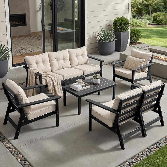 HDPE Patio Conversation Set 7 Seats, Outdoor Furniture Set, Patio Sofa Set | Water-Resistant Thick Cushion, HDPE All Weather, Wood-Grain, No Rot or Rust or Crack, UV Fade Shield, Easy-Clean for Outside