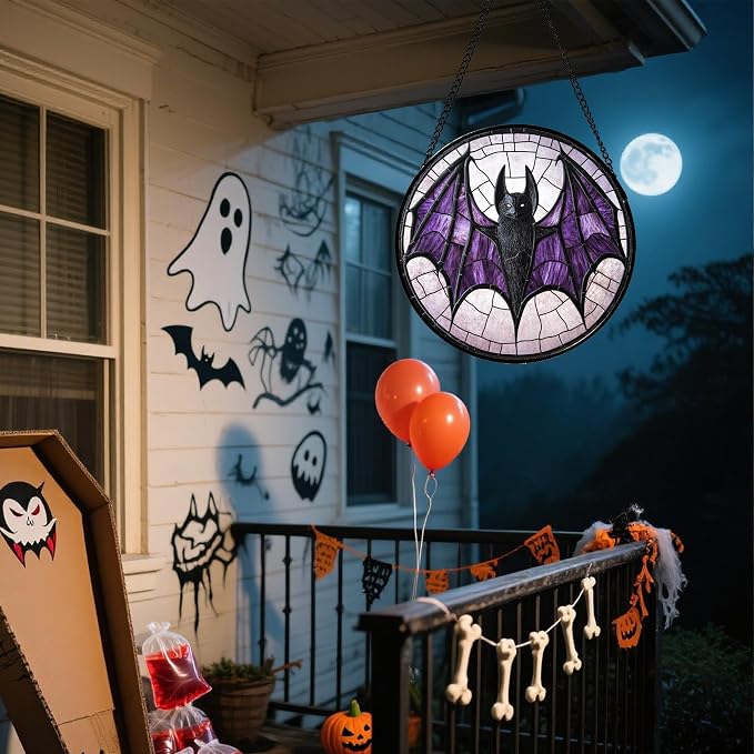 Stained Glass Window Hanging - Halloween Black Bat Purple Wings Monster Suncatcher for Doors Garden Home Spooky Sun Catchers Gothic Decor Horror Gift for Women Men Friend Boy Girl 7.8 in