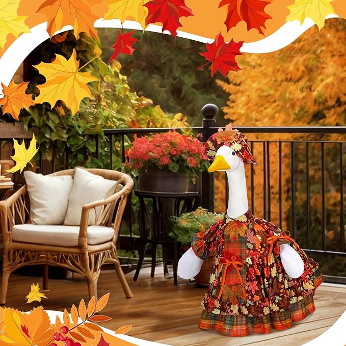 Suzile Fall Maple Porch Goose Outfit Autumn Goose Clothes for 23 Inch Cement or Plastic Geese Costume for Yard Lawn Outdoor Garden Patio Concrete Duck Statue Dress Thanksgiving Party Holiday Decor