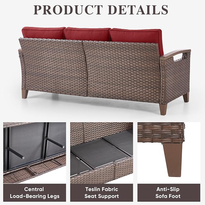 Rilyson Luxury Wicker Outdoor Couch Patio Sofa, 3 Seater Rattan Patio Couch Water Resistant,Comfortable Cushions and Sturdy Metal Frame for Outside Porch Deck Backyard, Brown/Red