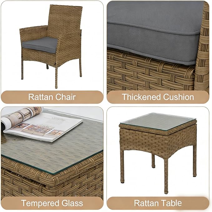UNITED FLAMES 3-Piece Outdoor Wicker Bistro Set, PE Rattan Patio Chairs & Side Table with Cushions, Weather Resistant Conversation Set for Balcony, Porch, Garden (Grey)