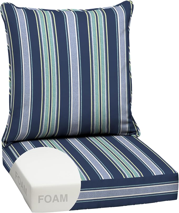 Arden Outdoor Deep Seat Cushion Set, Foam, 24x24, Blue Stripe | Sofa, Couch, Conversation Set, Premium High-Density Foam, Never Flattens, Mold and Mildew Resistant