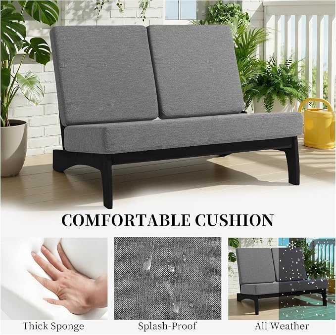 Outdoor Furniture Patio Couch, Weather Resistant Patio Loveseat Sofa Couch with Removable Cushion & Pillows, Black Wood Frame for Porch & Backyard Seating - Grey