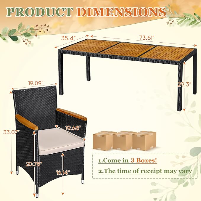 Greesum 9 Pieces Outdoor Patio Dining Set, Conversation Sets with 1 Table and 8 Rattan Chairs with Curved Acacia Wooden Armrests and Cushions, Black