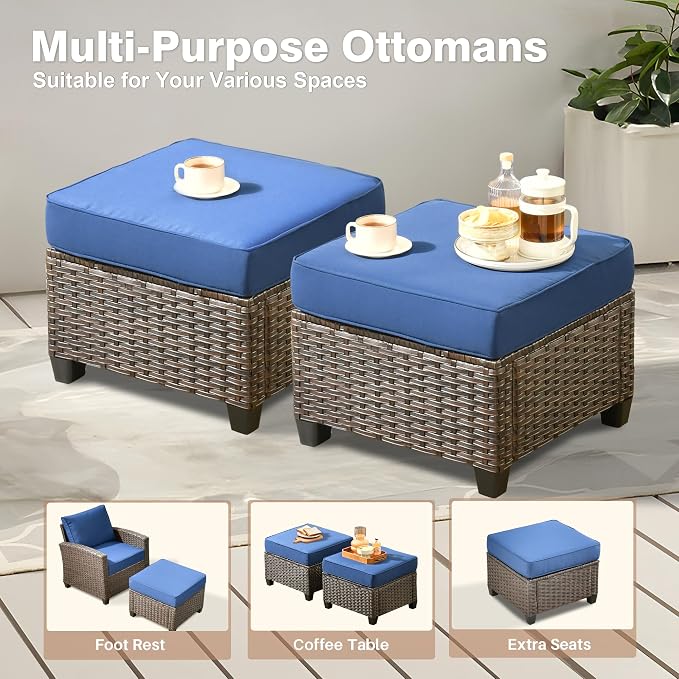 ovios 8 Pieces Patio Furniture Set, Outdoor Wicker Sofa Couch with 54" Fire Pit Table Comfy Cushions, All Weather Brown Rattan Conversation Set for Backyard Deck, Navy Blue