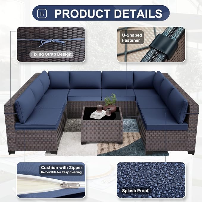 Kurapika 9 Pieces Patio Furniture Set, Rattan Wicker Outdoor Conversation Sets w/4in Cushion and Glass Coffee Table(Navy Blue)