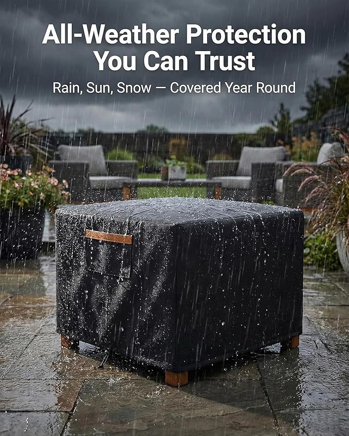 Waterproof Patio Ottoman Cover, 600D Heavy Duty Outdoor Furniture Cover for Square Side Table or Coffee Table, Windproof Secure Fit with Air Vents, All-Weather UV & Rain Protection, Black 22x22x18 in