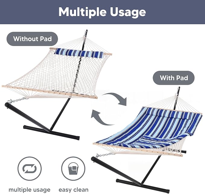 SUNCREAT Hammock Double Hammock with Stand, Carrying Bag, Two Person Cotton Rope Hammock, Blue Stripe