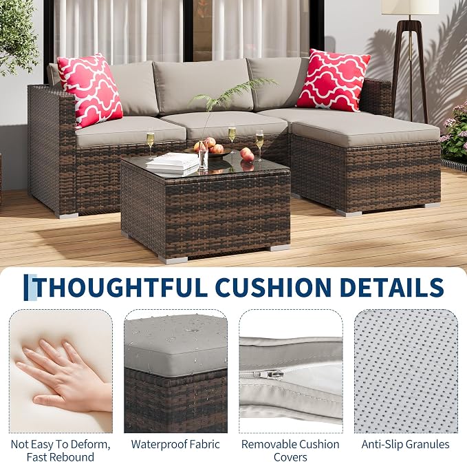 GarveeHome 5 Pieces Patio Sectional Furniture Set, All Weather Wicker Rattan Sectional Sofa, Patio Conversation Set with Cushions and Glass Coffee Table for Backyard Porch Garden Balcony, Grey
