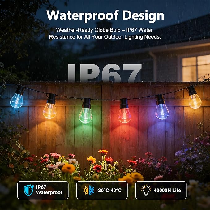 NUERPO Outdoor String Lights, 200FT RGB+IC Outside Light Dimmable Shatterproof LED Bulbs, IP67 Waterproof Chasing Effect Lighting DreamColor Patio Strip Lights for Backyard, Balcony, Outdoor Living
