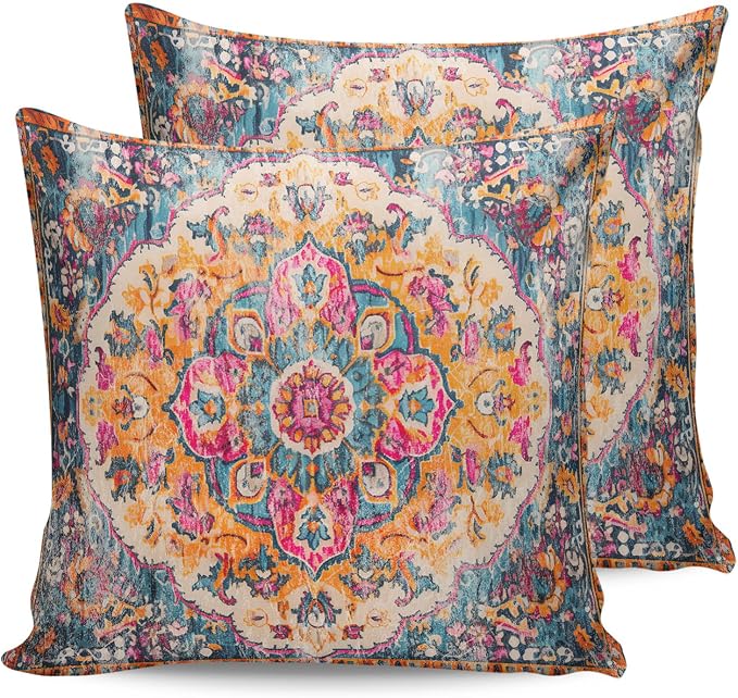 Prime Leader Outdoor Waterproof Pillow Covers Set of 2, Geometric Abstract Carpet Flowers Pattern Pink Patio Throw Pillow Covers, Decorative Cushion Case for Couch Sofa Furniture Garden, 18x18 Inch