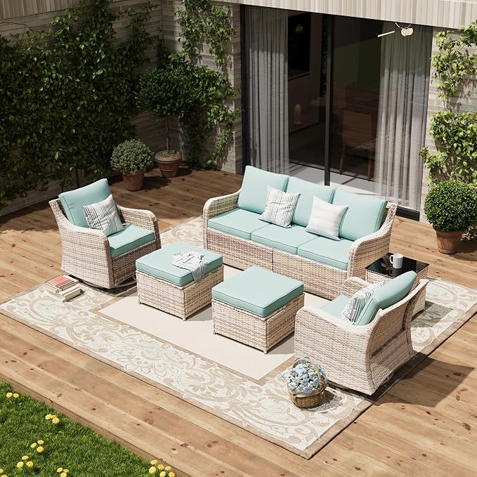MEISSALIVVE Patio Furniture Set with Swivel Rocking Chairs, 6 Pieces Patio Conversation Set, Outdoor Wicker Sofa Couch with Waterproof Cushions for Lawn Backyard Porch (Blue)