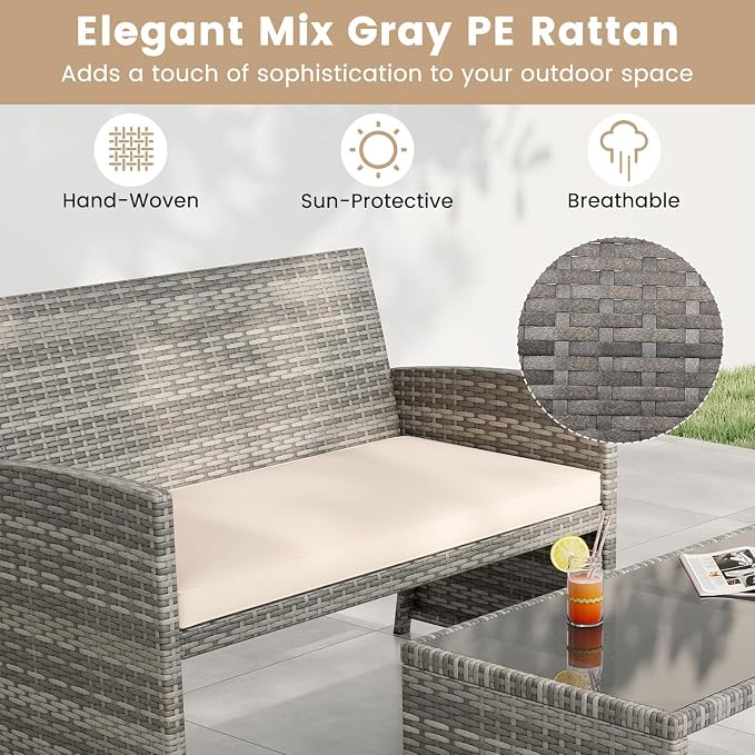 Tangkula 4 Piece Patio Wicker Furniture Set, Outdoor Heavy Duty Rattan Cushioned Chairs, Loveseat and Tempered Glass Coffee Table, for Backyard, Balcony, Poolside